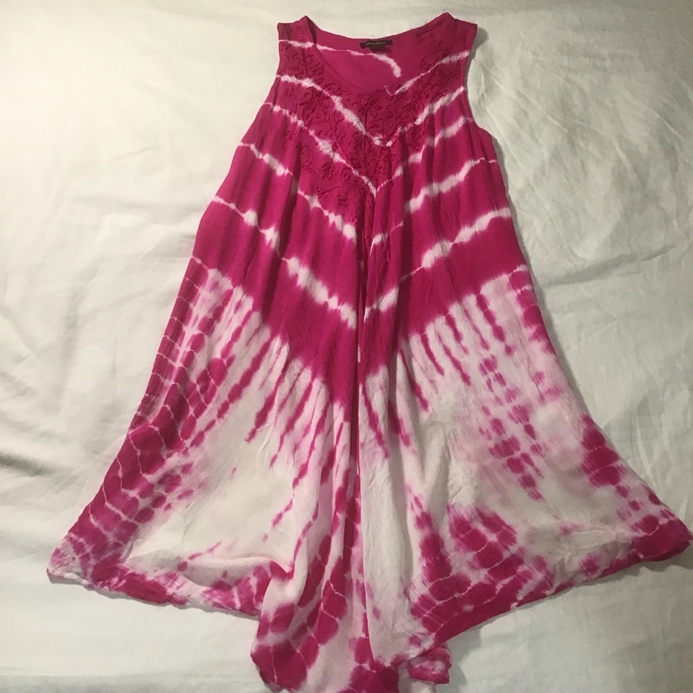Ana & Rise Pink & White Tie Dyed V Neck Sleeveless Dress w/Embroidery, One Size - Picture 9 of 11